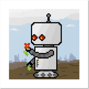 Robot pixel art, looking at a flower Posters and Art